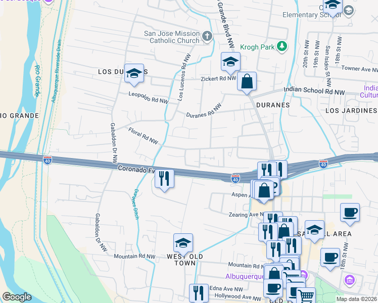 map of restaurants, bars, coffee shops, grocery stores, and more near 1207 San Antonio Street Northwest in Albuquerque