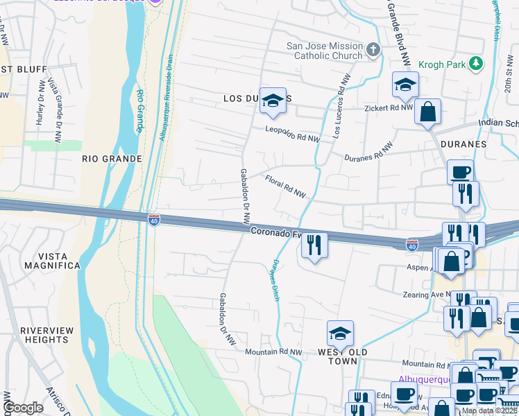 map of restaurants, bars, coffee shops, grocery stores, and more near 1136 Gabaldon Road Northwest in Albuquerque