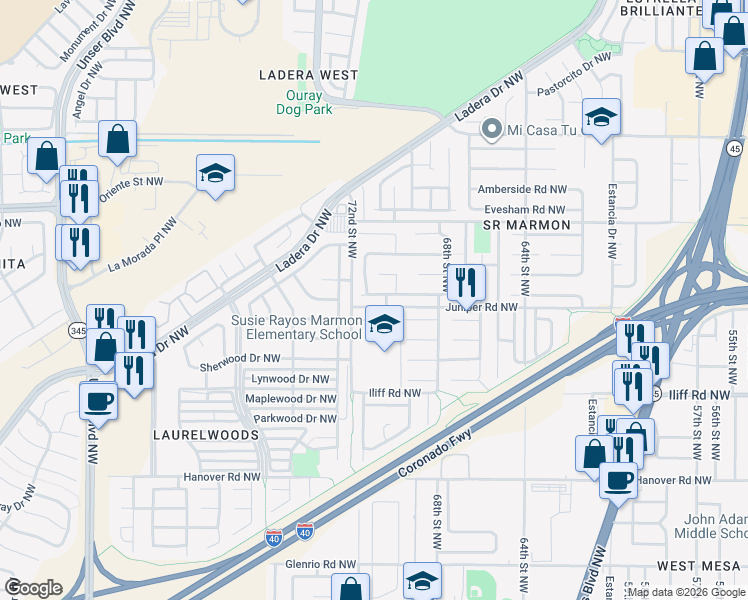 map of restaurants, bars, coffee shops, grocery stores, and more near 1800 72nd Street Northwest in Albuquerque