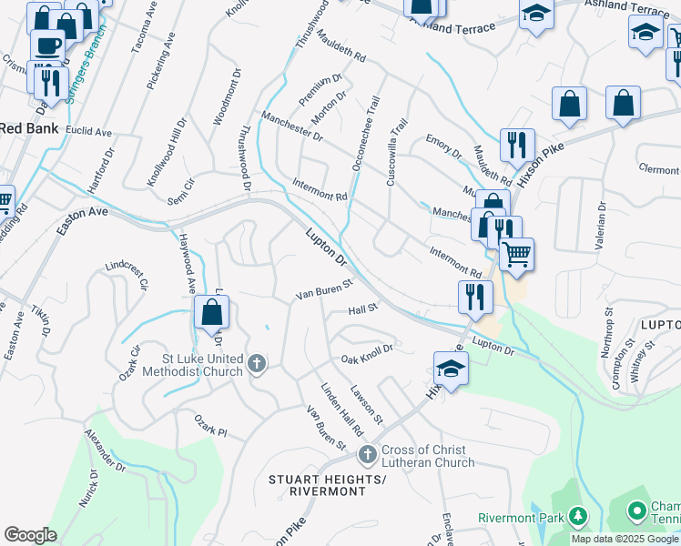 map of restaurants, bars, coffee shops, grocery stores, and more near 3458 Van Buren Street in Chattanooga