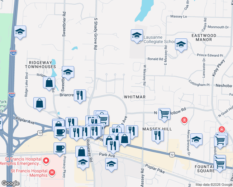 map of restaurants, bars, coffee shops, grocery stores, and more near 6175 Chapelle Circle East in Memphis