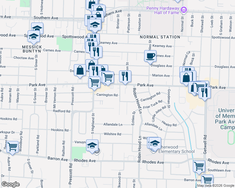 map of restaurants, bars, coffee shops, grocery stores, and more near 929 Parkhaven Lane in Memphis