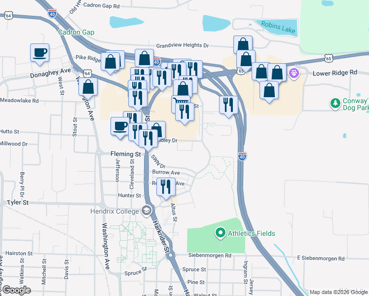 map of restaurants, bars, coffee shops, grocery stores, and more near 867 Fendley Drive in Conway