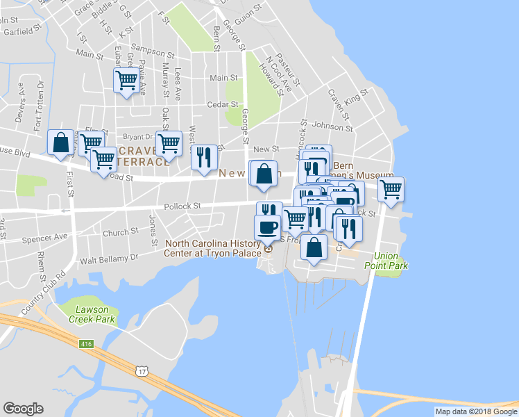 map of restaurants, bars, coffee shops, grocery stores, and more near 605 Pollock Street in New Bern
