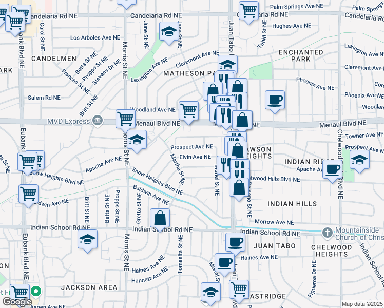 map of restaurants, bars, coffee shops, grocery stores, and more near 10913 Apache Avenue Northeast in Albuquerque
