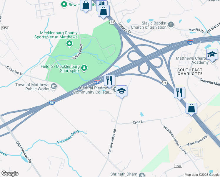 map of restaurants, bars, coffee shops, grocery stores, and more near 2800 Campus Ridge Road in Matthews