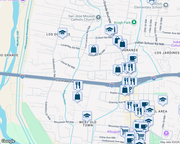 map of restaurants, bars, coffee shops, grocery stores, and more near 1207 San Antonio Street Northwest in Albuquerque