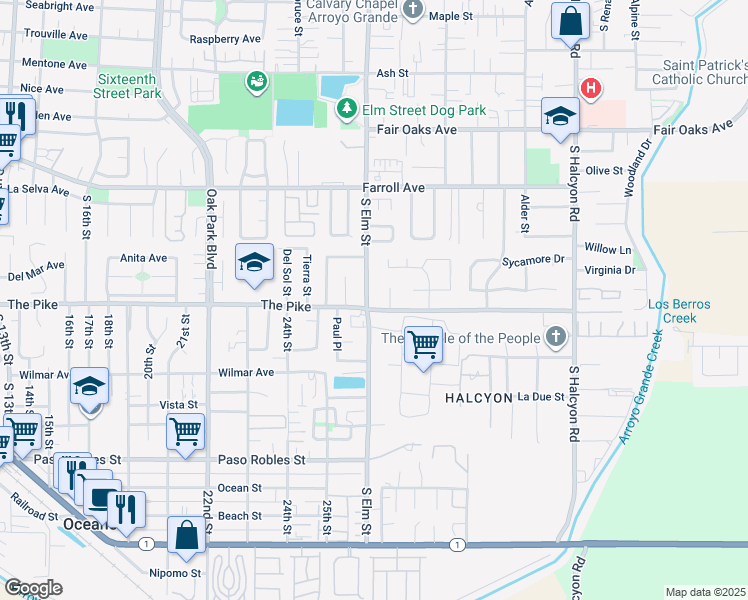 map of restaurants, bars, coffee shops, grocery stores, and more near 715 South Elm Street in Arroyo Grande