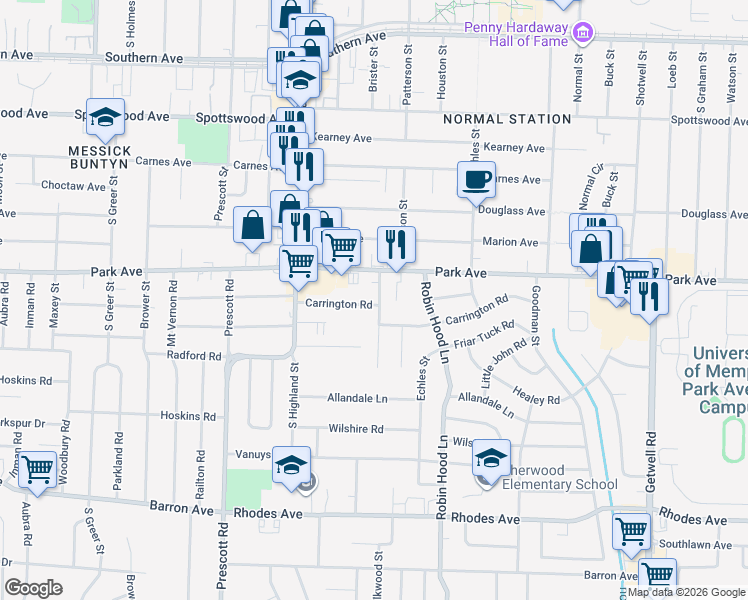 map of restaurants, bars, coffee shops, grocery stores, and more near 929 Parkhaven Lane in Memphis