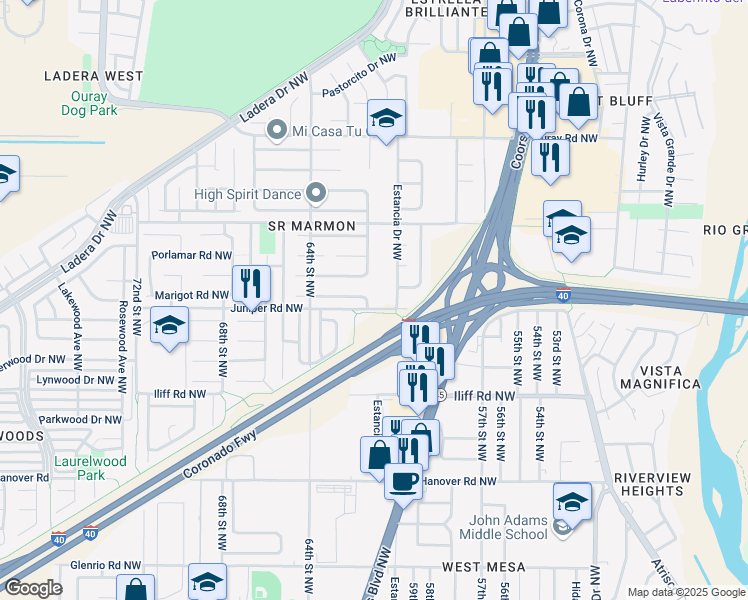 map of restaurants, bars, coffee shops, grocery stores, and more near 99999 Juniper Road in Albuquerque