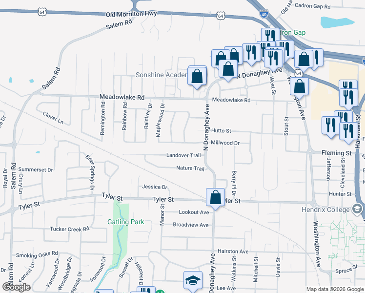map of restaurants, bars, coffee shops, grocery stores, and more near 2155 Landover Trail in Conway