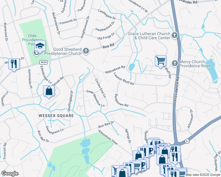 map of restaurants, bars, coffee shops, grocery stores, and more near 1705 Rosebank Lane in Charlotte