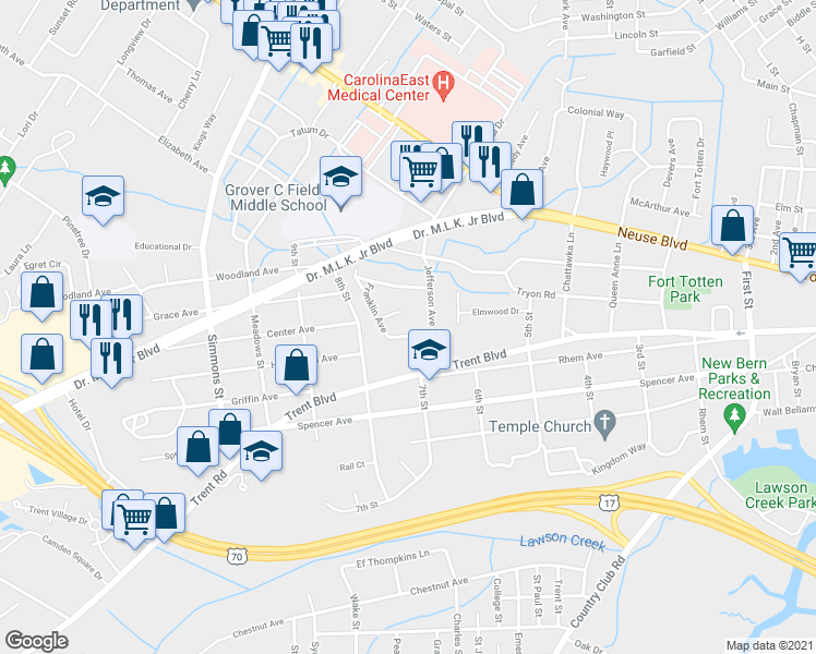 map of restaurants, bars, coffee shops, grocery stores, and more near 1908 Wilson Street in New Bern