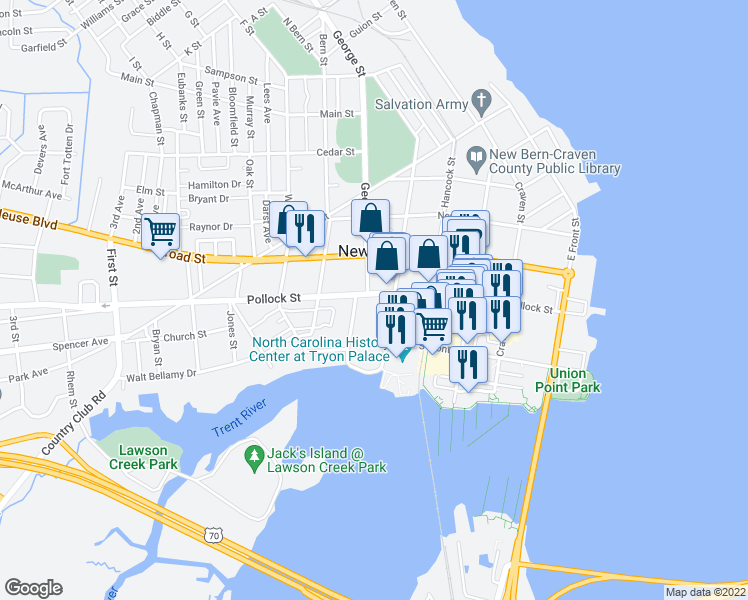 map of restaurants, bars, coffee shops, grocery stores, and more near 611 Pollock Street in New Bern