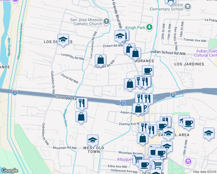 map of restaurants, bars, coffee shops, grocery stores, and more near 1218 Amado Street Northwest in Albuquerque