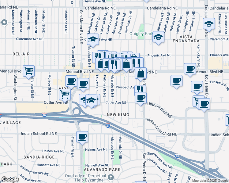 map of restaurants, bars, coffee shops, grocery stores, and more near 2503 Valencia Drive Northeast in Albuquerque