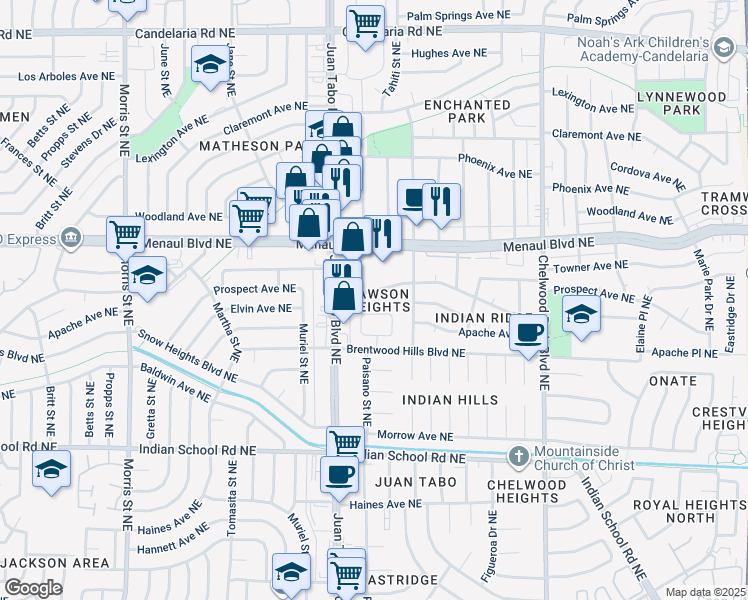 map of restaurants, bars, coffee shops, grocery stores, and more near 11500 Menaul Boulevard Northeast in Albuquerque