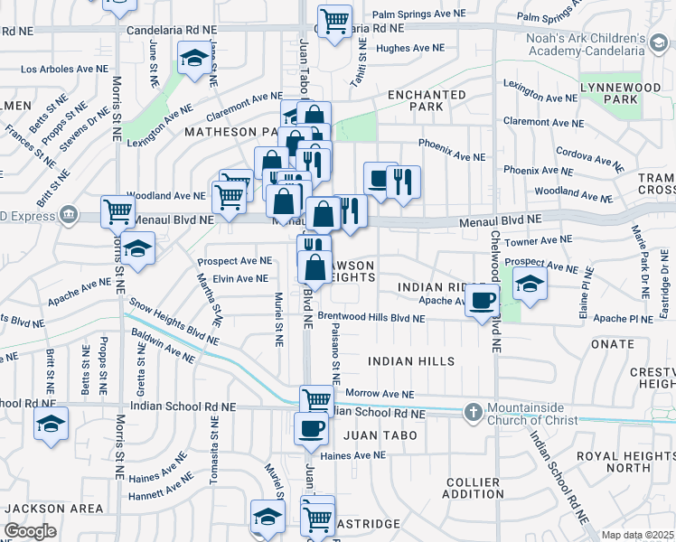 map of restaurants, bars, coffee shops, grocery stores, and more near 11500 Menaul Boulevard Northeast in Albuquerque