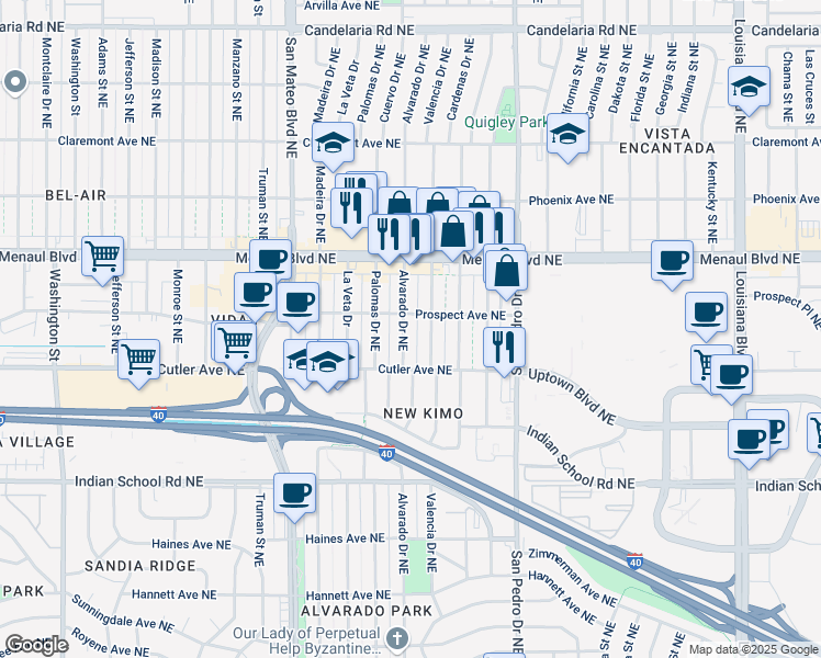 map of restaurants, bars, coffee shops, grocery stores, and more near 2503 Valencia Drive Northeast in Albuquerque