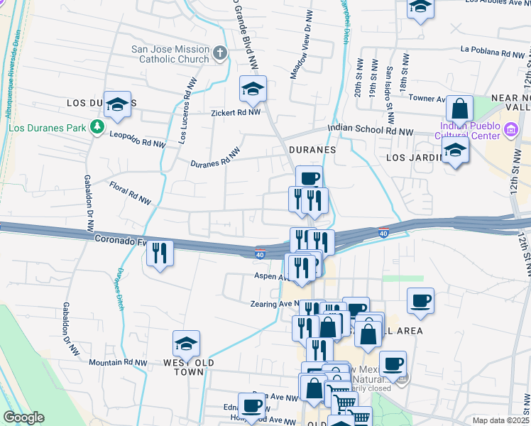 map of restaurants, bars, coffee shops, grocery stores, and more near 2461 Lilac Drive Northwest in Albuquerque