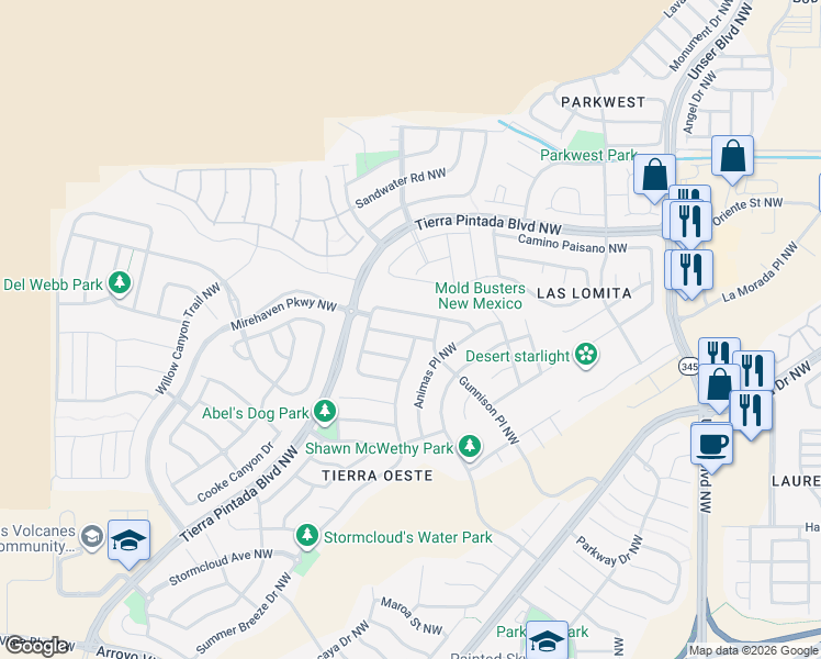 map of restaurants, bars, coffee shops, grocery stores, and more near 8805 Monsoon Road Northwest in Albuquerque