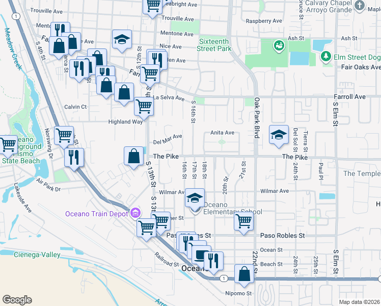 map of restaurants, bars, coffee shops, grocery stores, and more near 1263 Capitola Street in Grover Beach