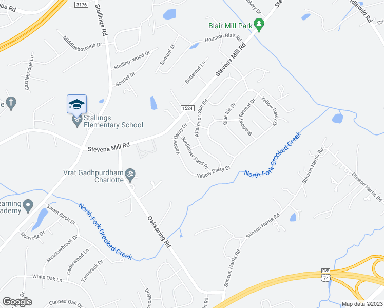map of restaurants, bars, coffee shops, grocery stores, and more near Sunflower Field Place in Stallings