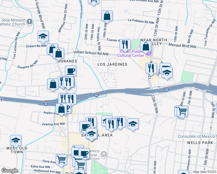 map of restaurants, bars, coffee shops, grocery stores, and more near I-40 Frwy Northwest in Albuquerque