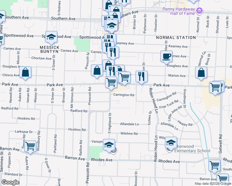 map of restaurants, bars, coffee shops, grocery stores, and more near 3524 Carrington Road in Memphis