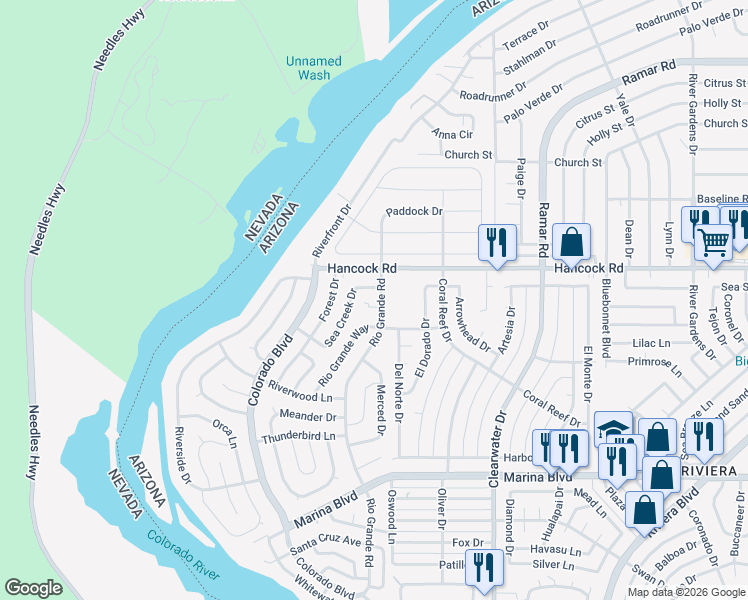 map of restaurants, bars, coffee shops, grocery stores, and more near 351 Sea Creek Drive in Bullhead City