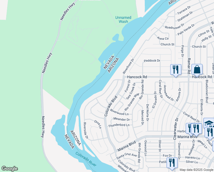 map of restaurants, bars, coffee shops, grocery stores, and more near 1777 Riverside Drive in Bullhead City
