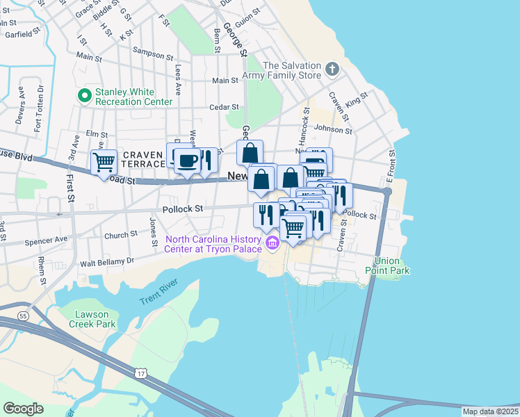 map of restaurants, bars, coffee shops, grocery stores, and more near 603 Pollock Street in New Bern