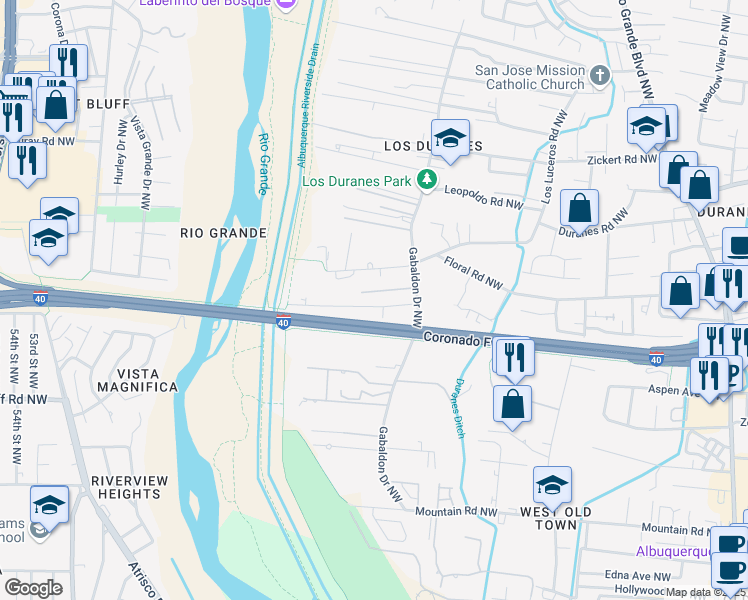 map of restaurants, bars, coffee shops, grocery stores, and more near 3220 Duranes Road Northwest in Albuquerque