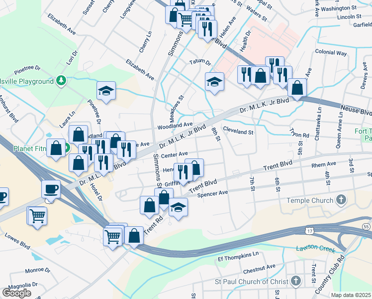 map of restaurants, bars, coffee shops, grocery stores, and more near 2106 Center Avenue in New Bern