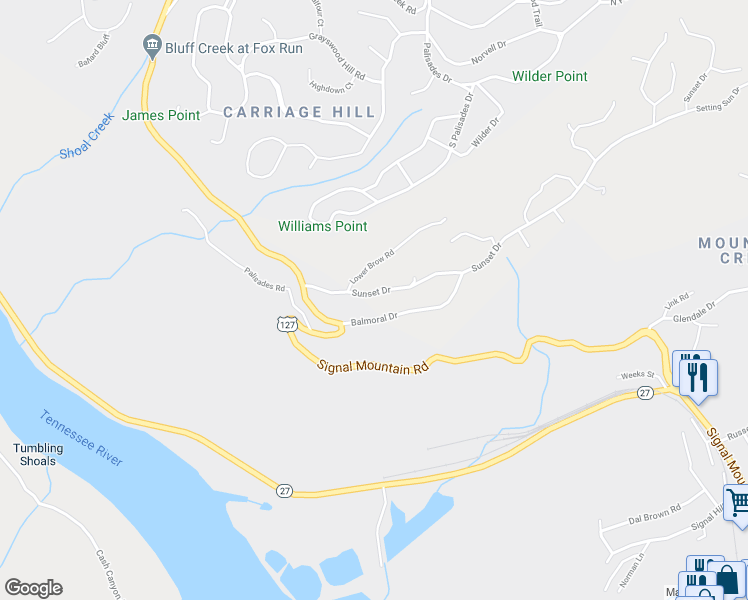map of restaurants, bars, coffee shops, grocery stores, and more near 1032 Sunset Drive in Signal Mountain