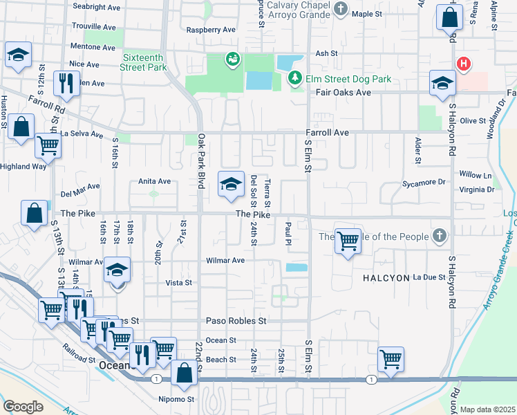 map of restaurants, bars, coffee shops, grocery stores, and more near 640 Tierra Street in Arroyo Grande