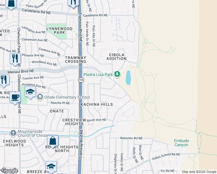 map of restaurants, bars, coffee shops, grocery stores, and more near 13020 Cambridge Place Northeast in Albuquerque