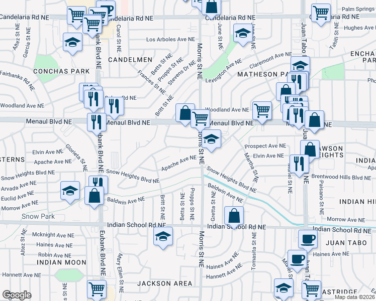 map of restaurants, bars, coffee shops, grocery stores, and more near 10504 Towner Avenue Northeast in Albuquerque