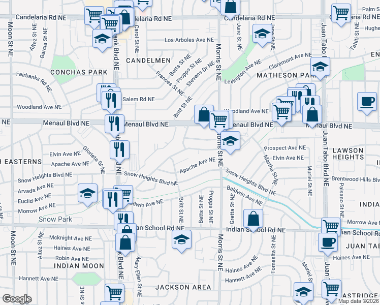 map of restaurants, bars, coffee shops, grocery stores, and more near 10505 Prospect Avenue Northeast in Albuquerque