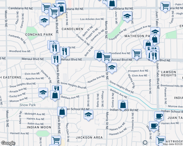 map of restaurants, bars, coffee shops, grocery stores, and more near 10505 Prospect Avenue Northeast in Albuquerque