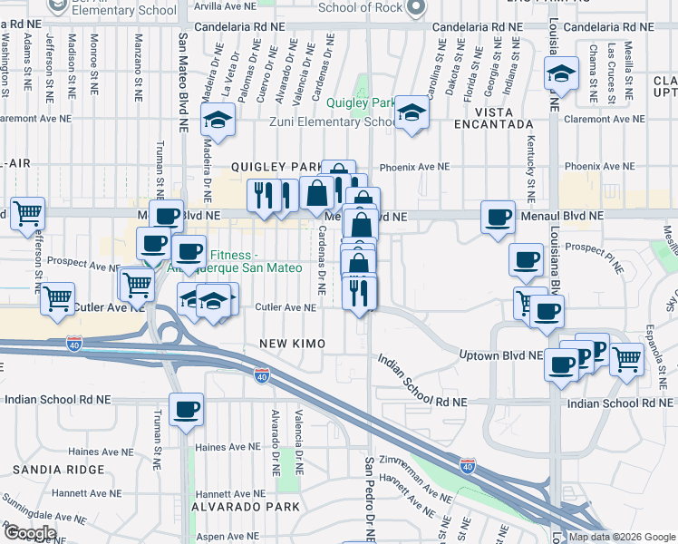 map of restaurants, bars, coffee shops, grocery stores, and more near 2504 Cardenas Drive Northeast in Albuquerque