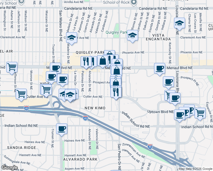 map of restaurants, bars, coffee shops, grocery stores, and more near 2504 Cardenas Drive Northeast in Albuquerque