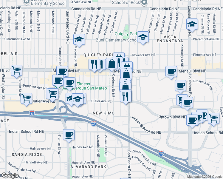 map of restaurants, bars, coffee shops, grocery stores, and more near 2504 Cardenas Drive Northeast in Albuquerque