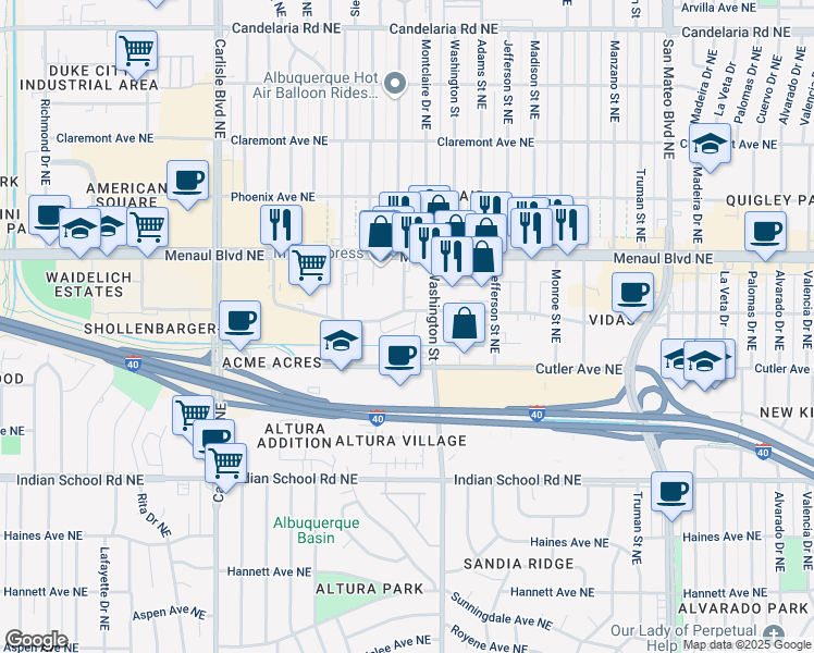 map of restaurants, bars, coffee shops, grocery stores, and more near 2501 Washington Street Northeast in Albuquerque