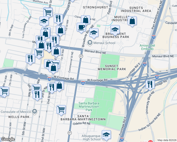 map of restaurants, bars, coffee shops, grocery stores, and more near 401 Cutler Avenue Northeast in Albuquerque