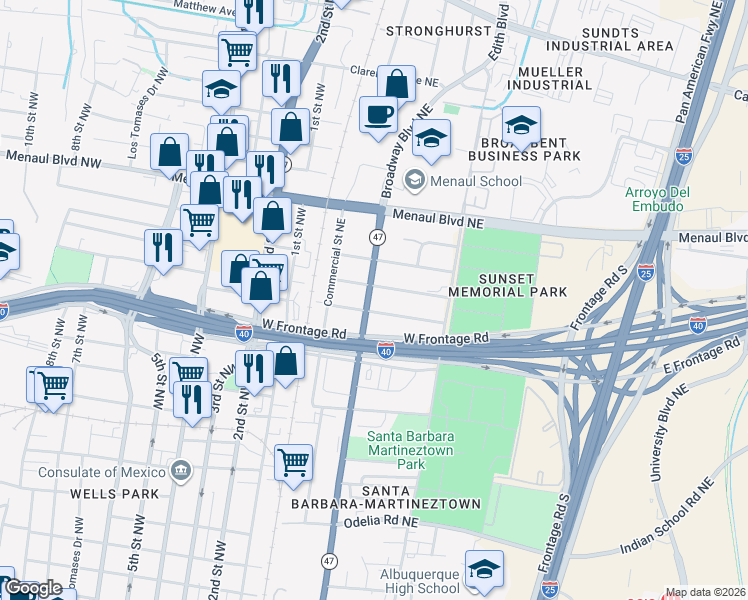 map of restaurants, bars, coffee shops, grocery stores, and more near 311 Cutler Avenue Northeast in Albuquerque