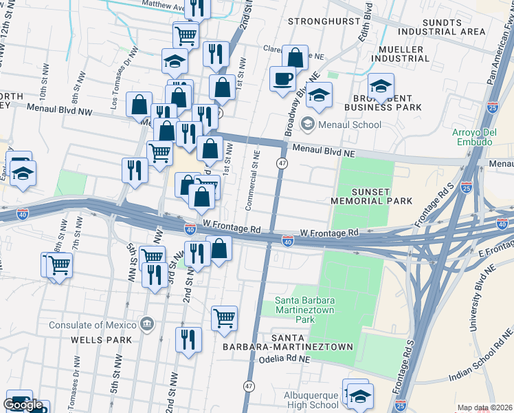 map of restaurants, bars, coffee shops, grocery stores, and more near 216 Cutler Avenue Northeast in Albuquerque