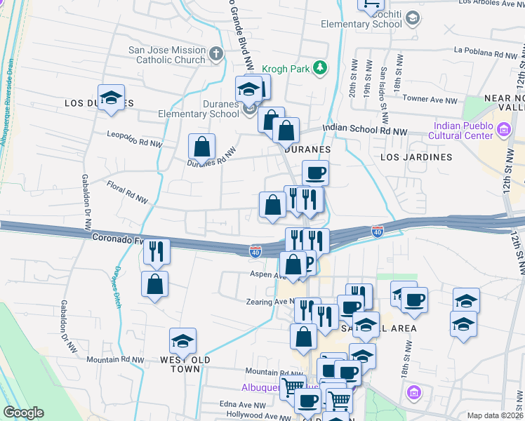 map of restaurants, bars, coffee shops, grocery stores, and more near 2461 Lilac Drive Northwest in Albuquerque