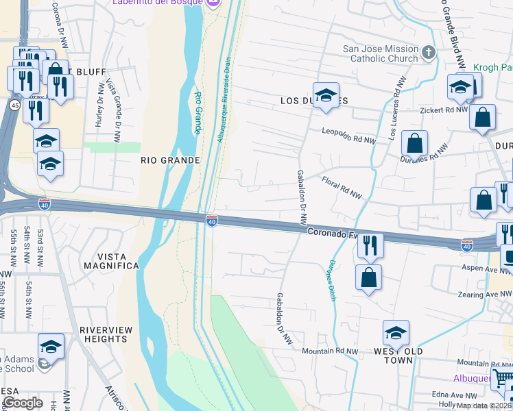 map of restaurants, bars, coffee shops, grocery stores, and more near 3258 Duranes Road Northwest in Albuquerque