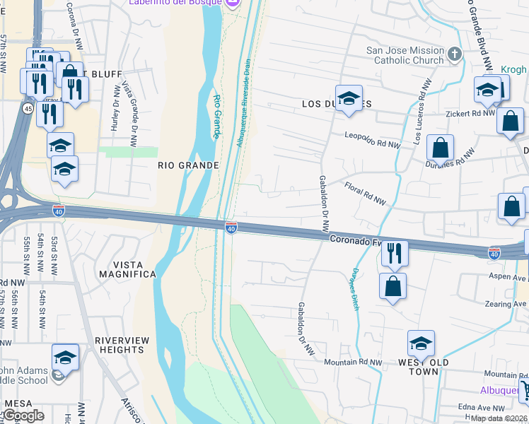map of restaurants, bars, coffee shops, grocery stores, and more near 3258 Duranes Road Northwest in Albuquerque